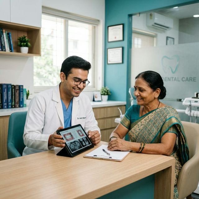 Indian dentist consulting elderly woman patient